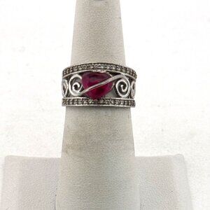 Estate Sterling Silver 925 Heart Red Stone Filigree Band Ring Size 6, 4.3g